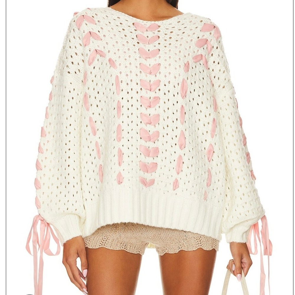 For Love & Lemons Laurel Oversized Woven Ribbon Bow Sweater Knit Size Small